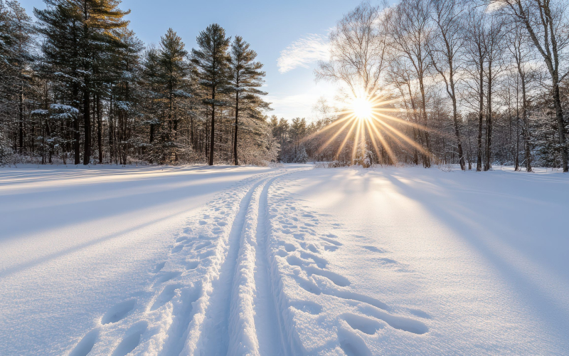 Winter sunrise over snowy field with ski tracks and long tree shadows
